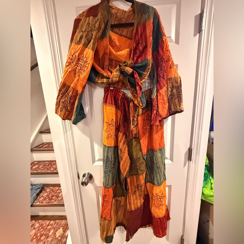 Boho Patchwork Tie-Front Maxi Dress in Orange & Green